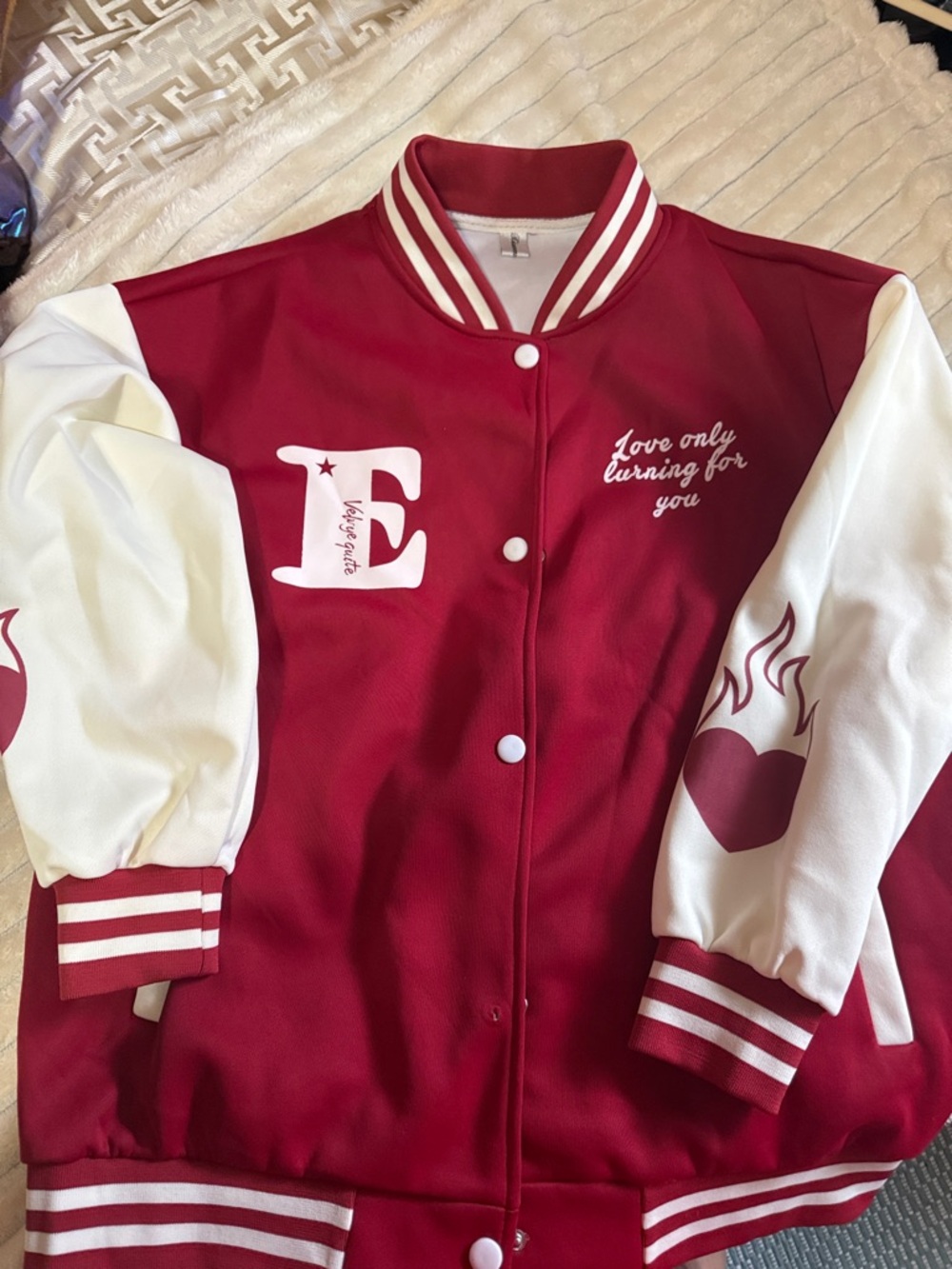Red and White Bomber Jacket with Heart Flame Detail